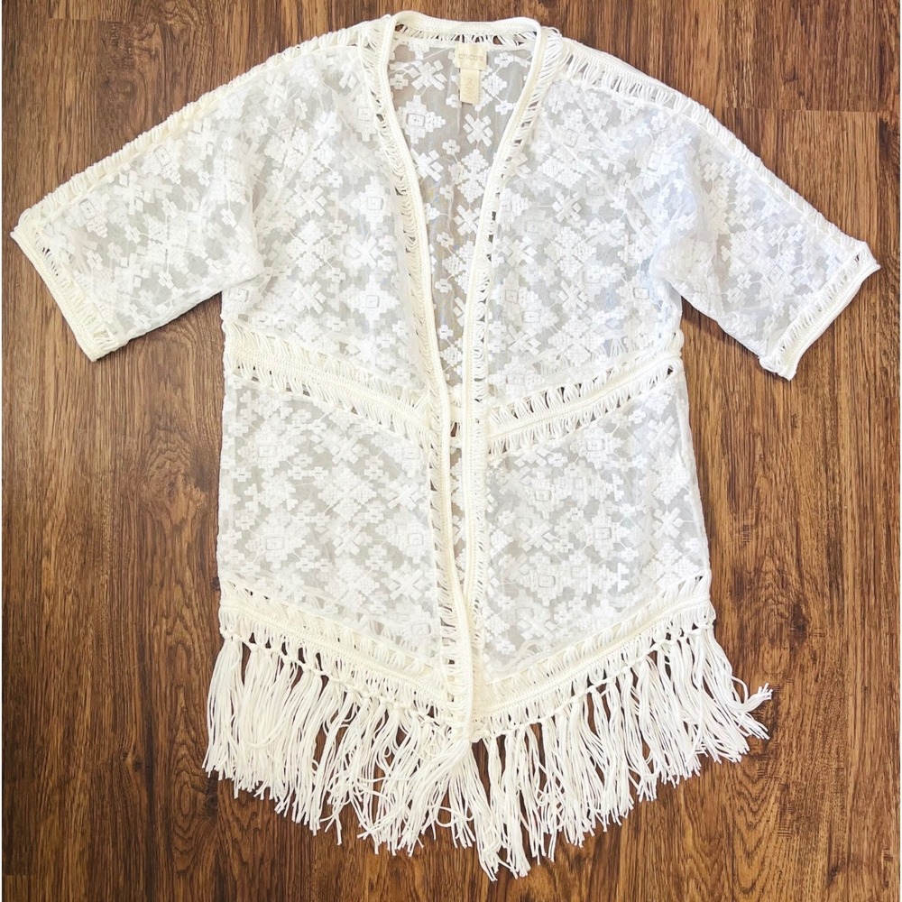 Chicos White Lace Fringe Kimono Cardigan Open Front Boho Mesh Wrap Petite 2P
